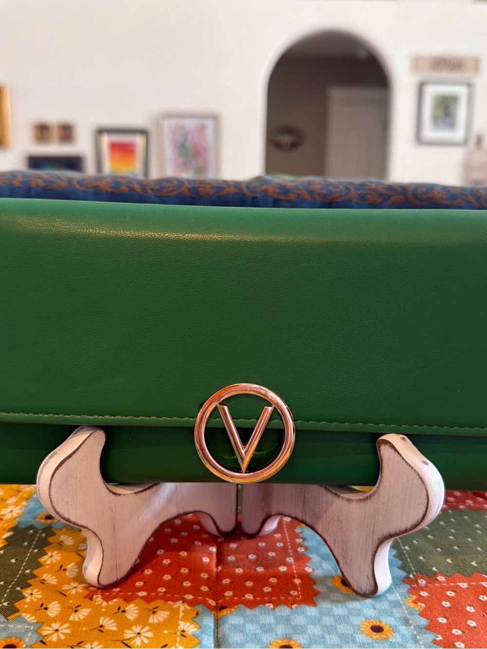 Valentino Green Leather Clutch with Gold V Logo